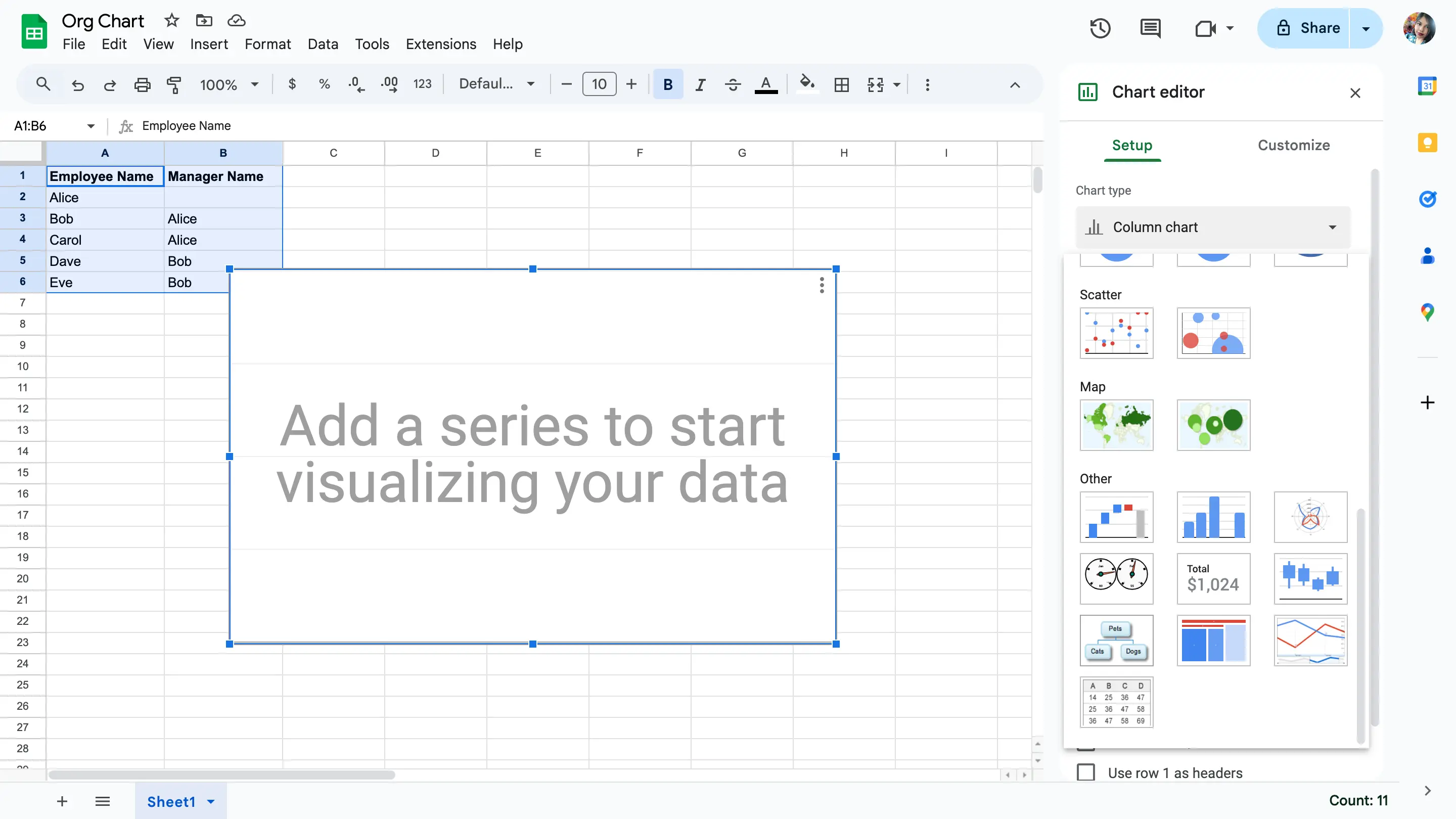 Scroll down to select organizational chart - how to make an org chart in google sheets